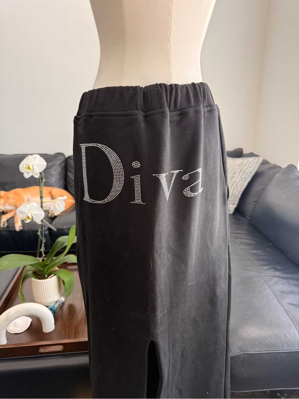 Diva Embellished Black Maxi Skirt with Front Slit